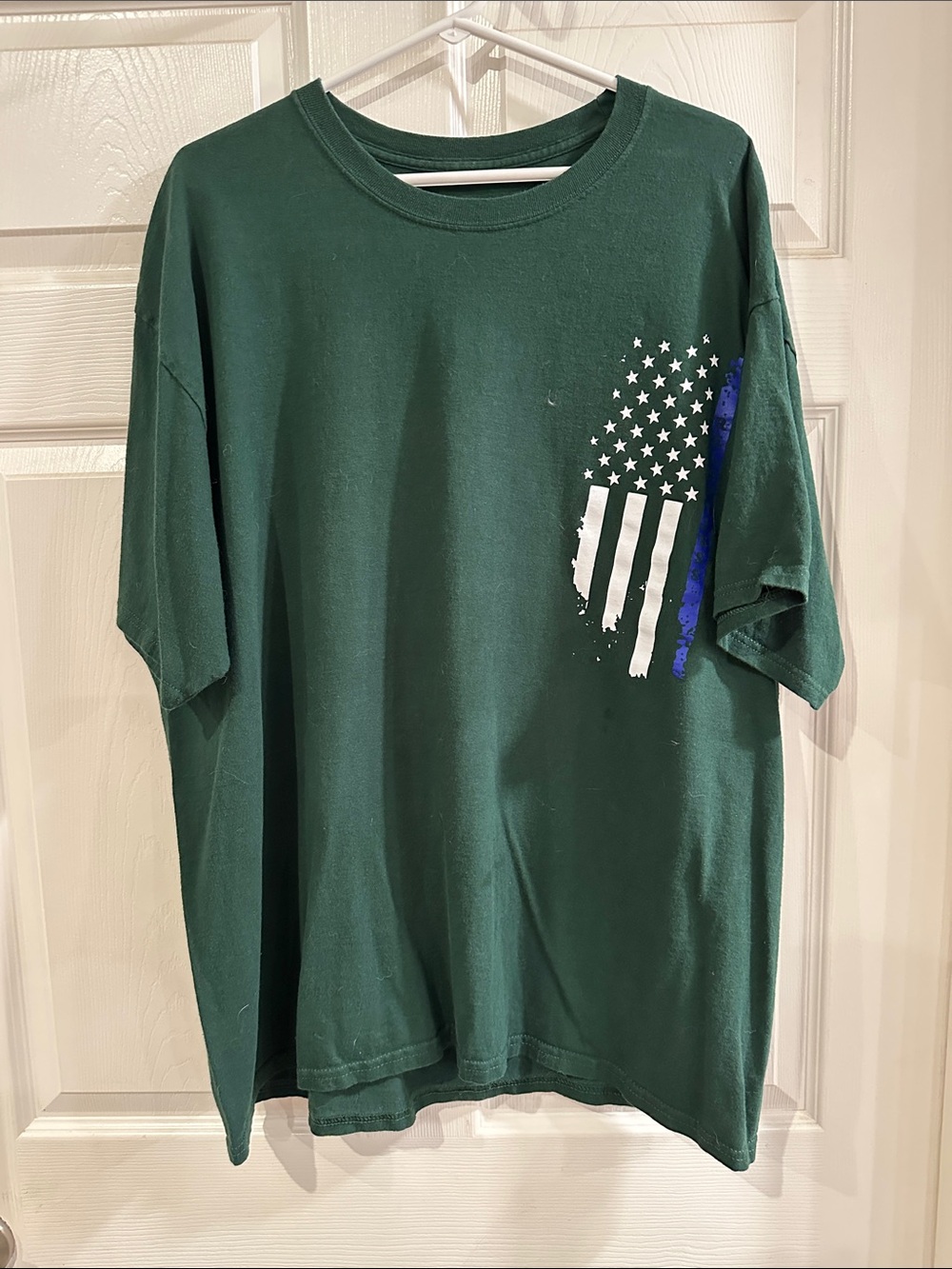 Hanes Dark Green Short-Sleeve Tee with White and Blue Flag Graphic